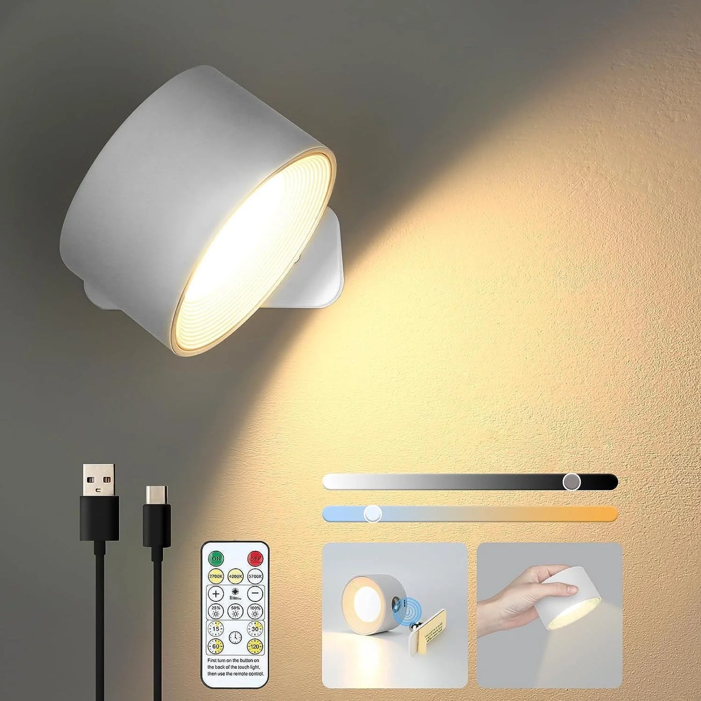 USB Rechargeable LED Wall Reading Light with Touch Control & Magnetic Mount